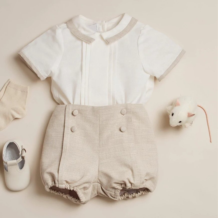 High Quality Fashion Baby Clothing Set Flat Pleats Baby Boy Beige Bloomers And Linen Shirt Set Summer Short Suit