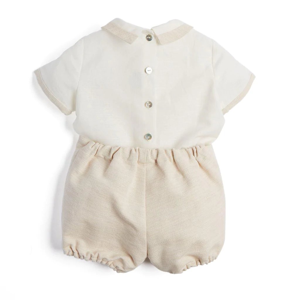 High Quality Fashion Baby Clothing Set Flat Pleats Baby Boy Beige Bloomers And Linen Shirt Set Summer Short Suit