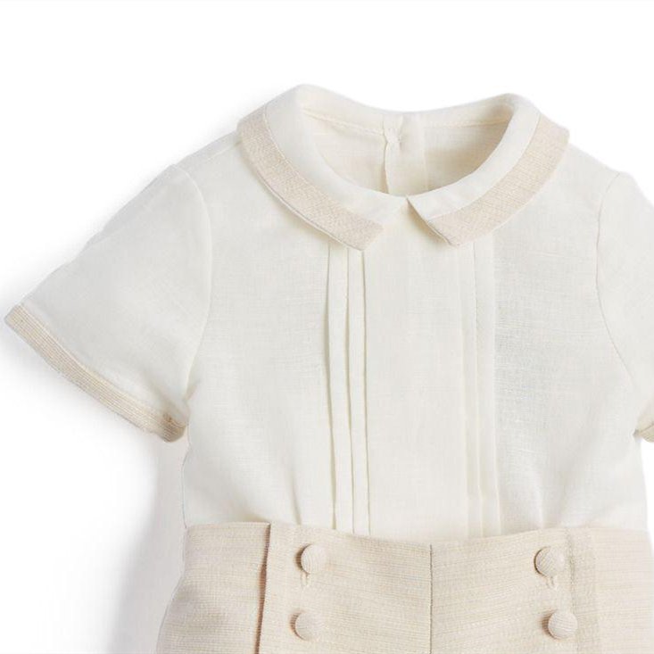 High Quality Fashion Baby Clothing Set Flat Pleats Baby Boy Beige Bloomers And Linen Shirt Set Summer Short Suit