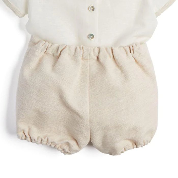 High Quality Fashion Baby Clothing Set Flat Pleats Baby Boy Beige Bloomers And Linen Shirt Set Summer Short Suit