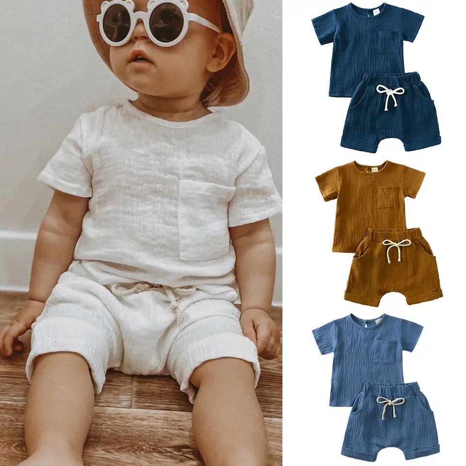 KTFS Gauzy Toddler Clothing Sets Summer Short Sleeve Shirts Drawstring Pants 2pcs Kids Boys Outfits Muslin Baby Sets