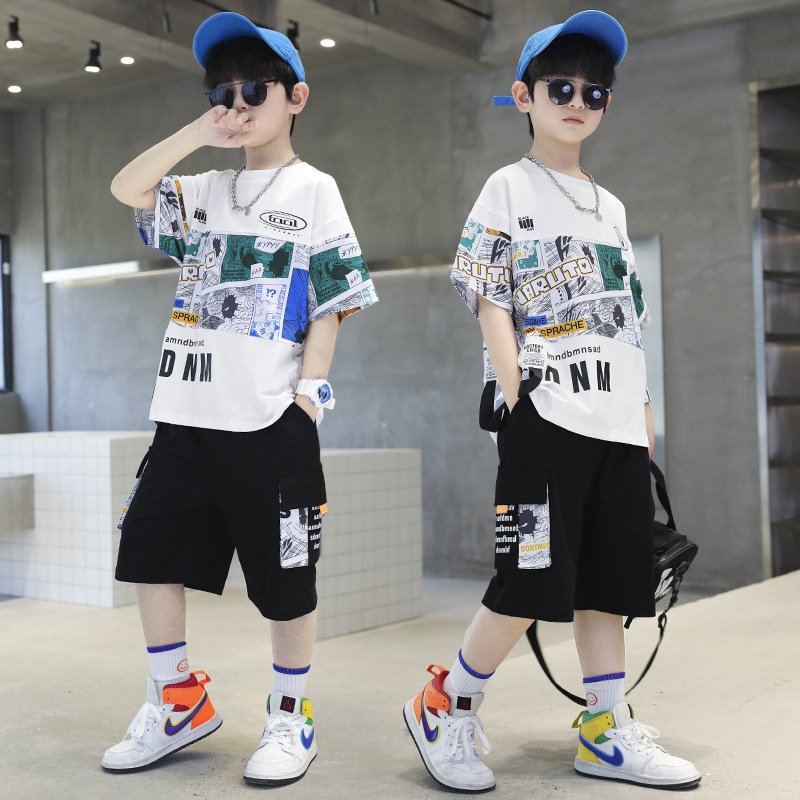 2024 Summer New Boys Short Sleeve Suit CUHK Style Casual Cotton Half-Sleeve Jacket Printed Two-Piece Set for Children Handsome
