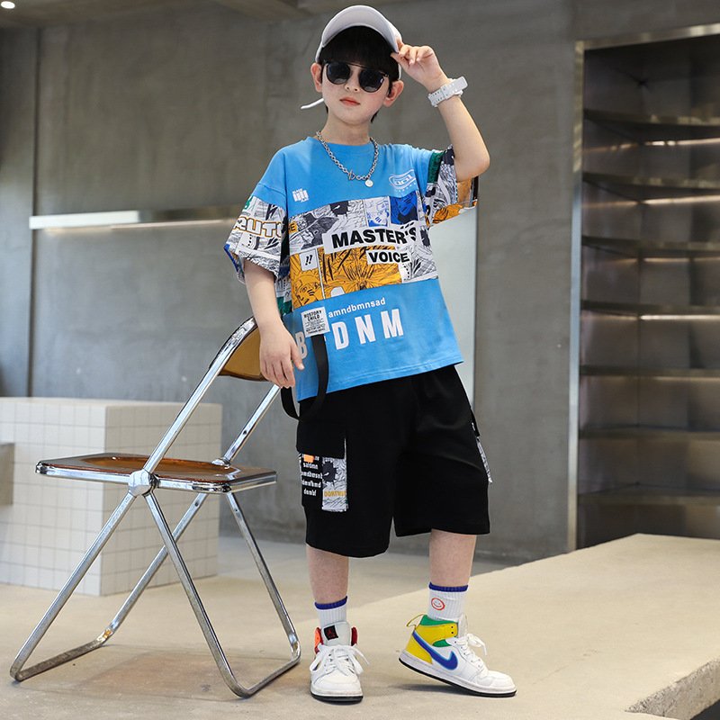 2024 Summer New Boys Short Sleeve Suit CUHK Style Casual Cotton Half-Sleeve Jacket Printed Two-Piece Set for Children Handsome