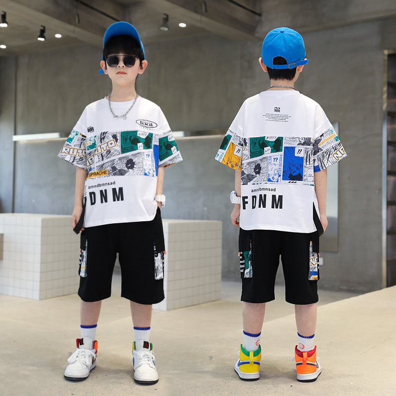 2024 Summer New Boys Short Sleeve Suit CUHK Style Casual Cotton Half-Sleeve Jacket Printed Two-Piece Set for Children Handsome