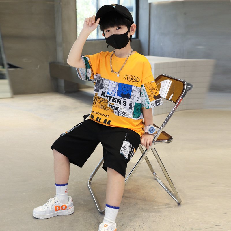 2024 Summer New Boys Short Sleeve Suit CUHK Style Casual Cotton Half-Sleeve Jacket Printed Two-Piece Set for Children Handsome