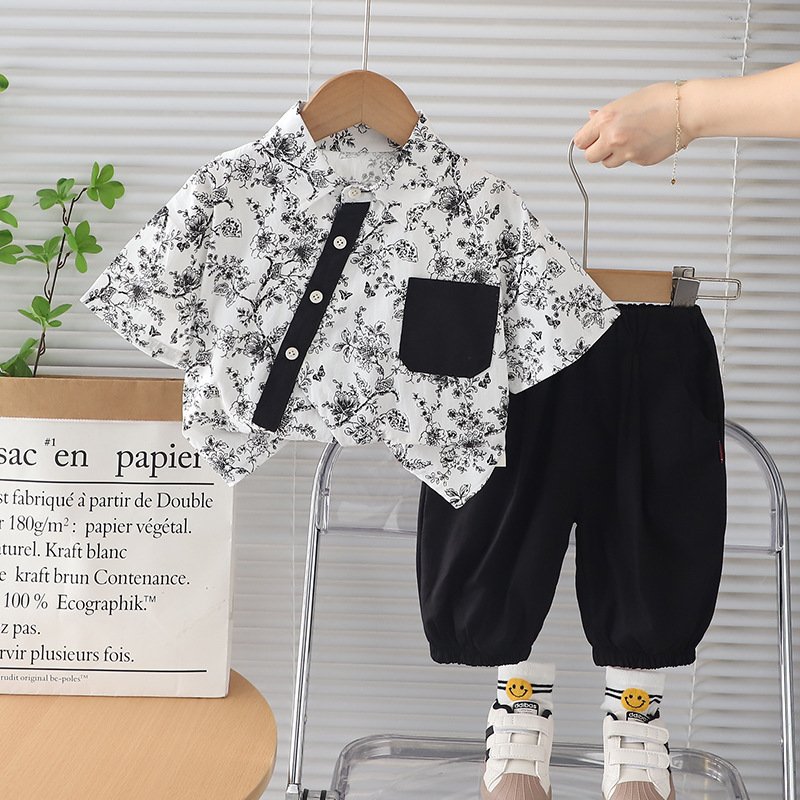 Chinese Style skew collar Casual top and pans baby Boys suit Children's lantern pants Set Boys Clothing Sets