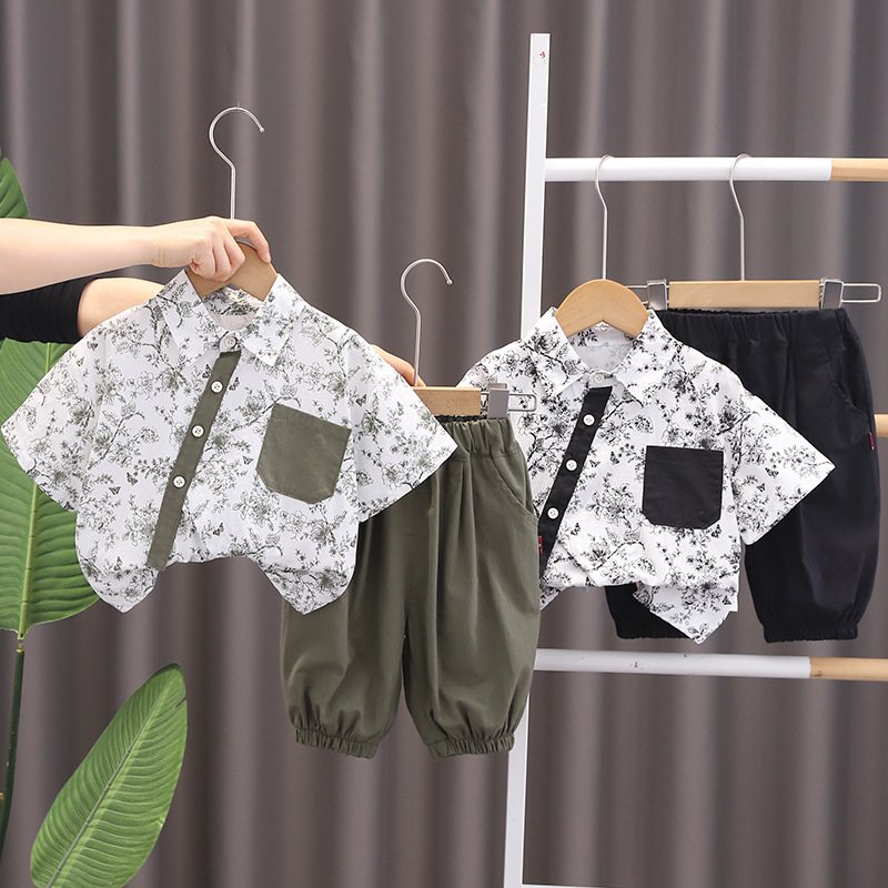 Chinese Style skew collar Casual top and pans baby Boys suit Children's lantern pants Set Boys Clothing Sets