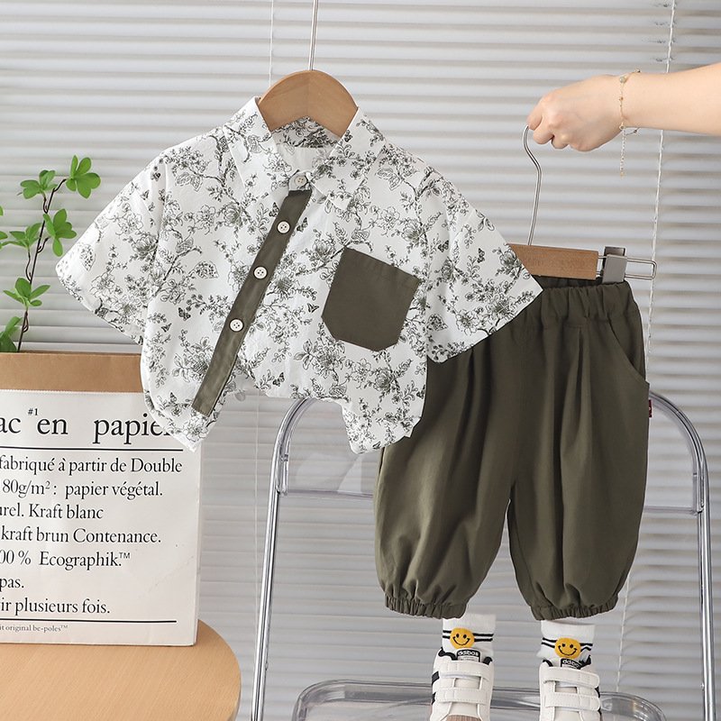 Chinese Style skew collar Casual top and pans baby Boys suit Children's lantern pants Set Boys Clothing Sets