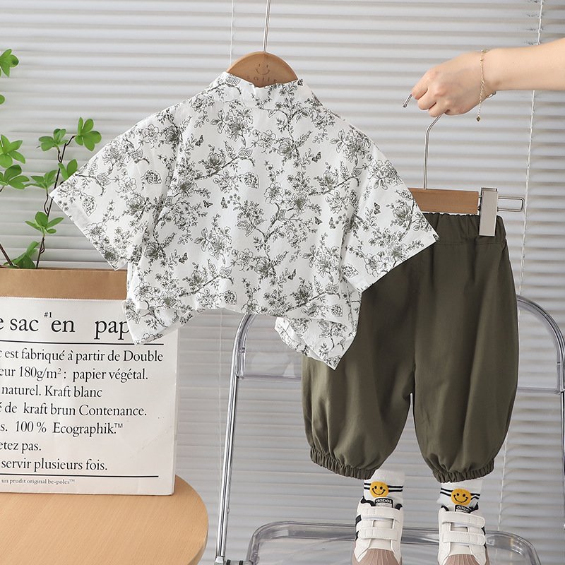 Chinese Style skew collar Casual top and pans baby Boys suit Children's lantern pants Set Boys Clothing Sets