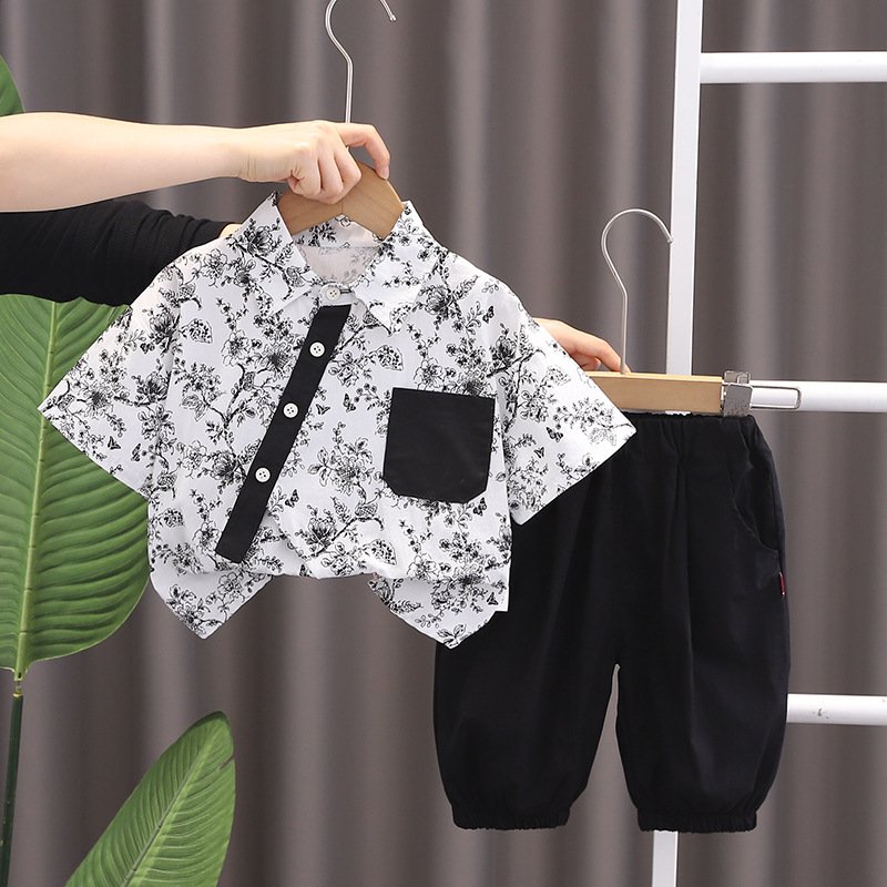 Chinese Style skew collar Casual top and pans baby Boys suit Children's lantern pants Set Boys Clothing Sets