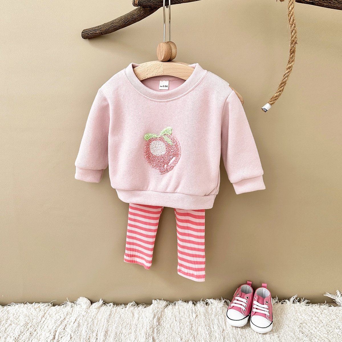 Autumn New Baby Girls Clothing Cotton Long Sleeve Suit Pullover Peach Print Fruit Top Bottom 2PCS Toddler Sets Newborn 0-3 Years