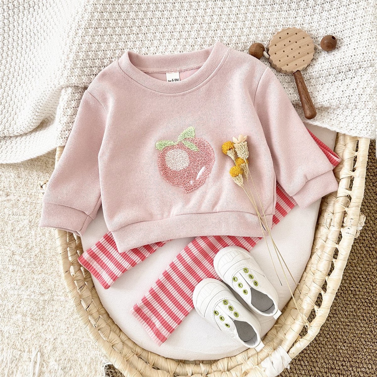 Autumn New Baby Girls Clothing Cotton Long Sleeve Suit Pullover Peach Print Fruit Top Bottom 2PCS Toddler Sets Newborn 0-3 Years