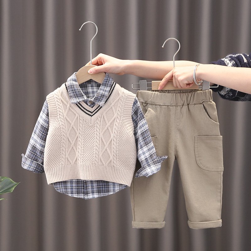 Wholesale Cute Knitted Children's Set Korean Boys' Plaid Shirt and Long Sleeve Vest for Baby and Kids Thin Clothing Suit