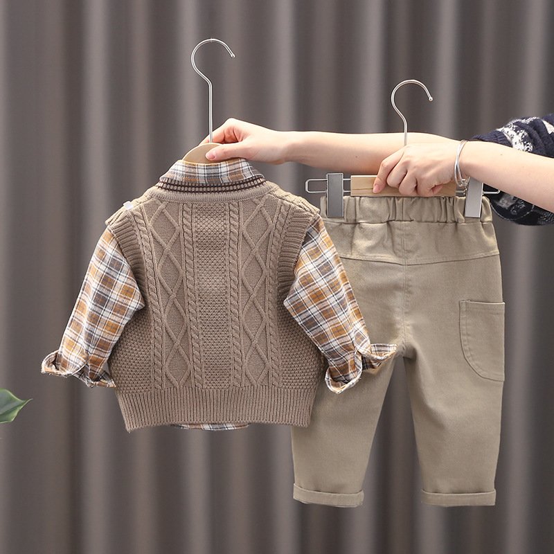 Wholesale Cute Knitted Children's Set Korean Boys' Plaid Shirt and Long Sleeve Vest for Baby and Kids Thin Clothing Suit