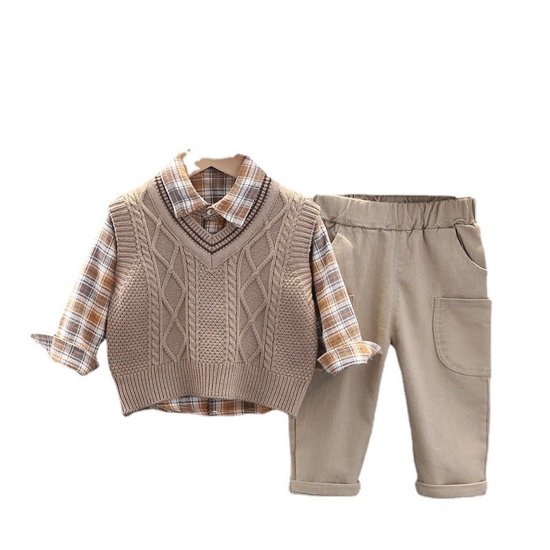 Wholesale Cute Knitted Children's Set Korean Boys' Plaid Shirt and Long Sleeve Vest for Baby and Kids Thin Clothing Suit