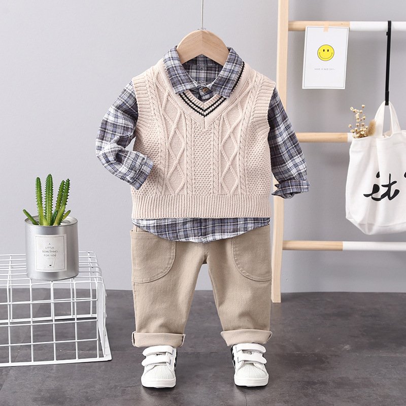 Wholesale Cute Knitted Children's Set Korean Boys' Plaid Shirt and Long Sleeve Vest for Baby and Kids Thin Clothing Suit