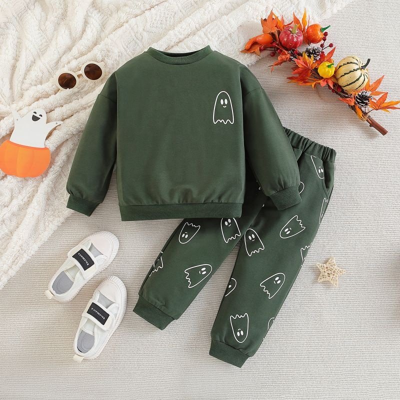 Toddler Halloween Outfits Long Sleeve Ghost Pattern Sweatshirt Pants Baby Boy Girl 2Pcs Set