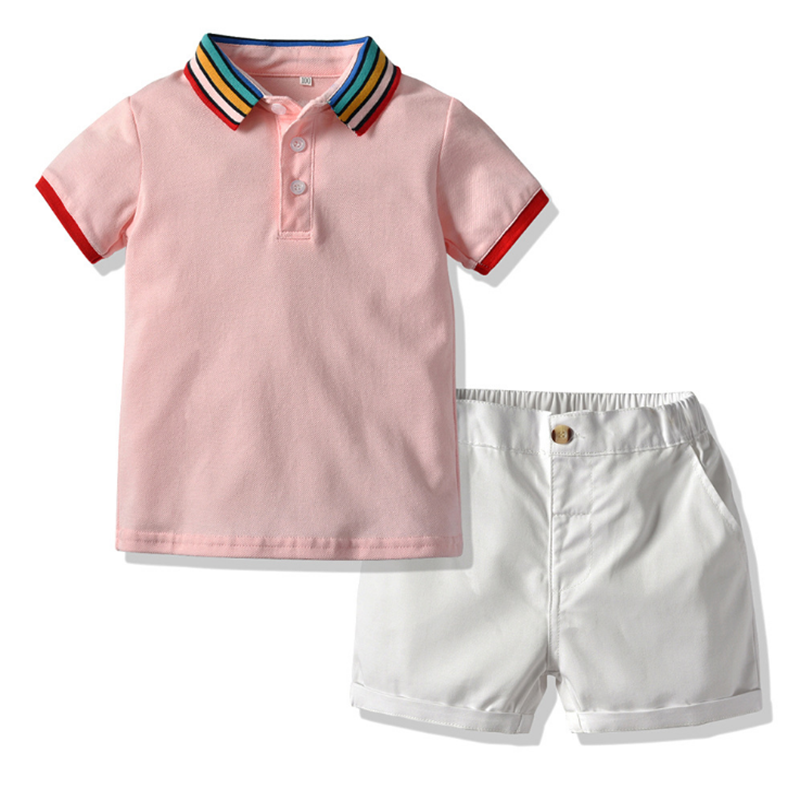 2024 New Rainbow collar short shirt + trouser 2PCS pure color baby clothes sets