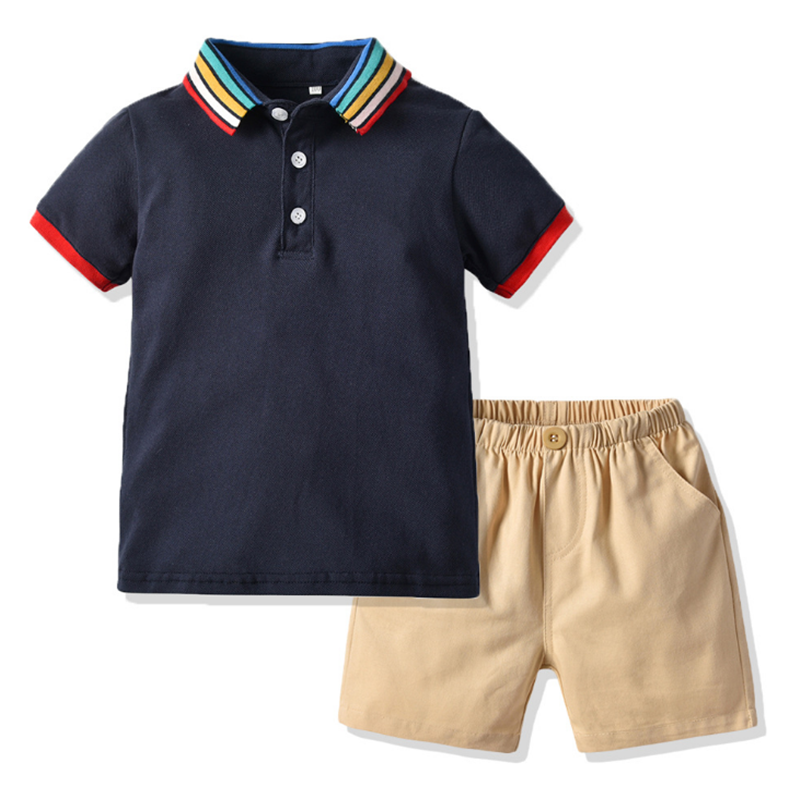 2024 New Rainbow collar short shirt + trouser 2PCS pure color baby clothes sets