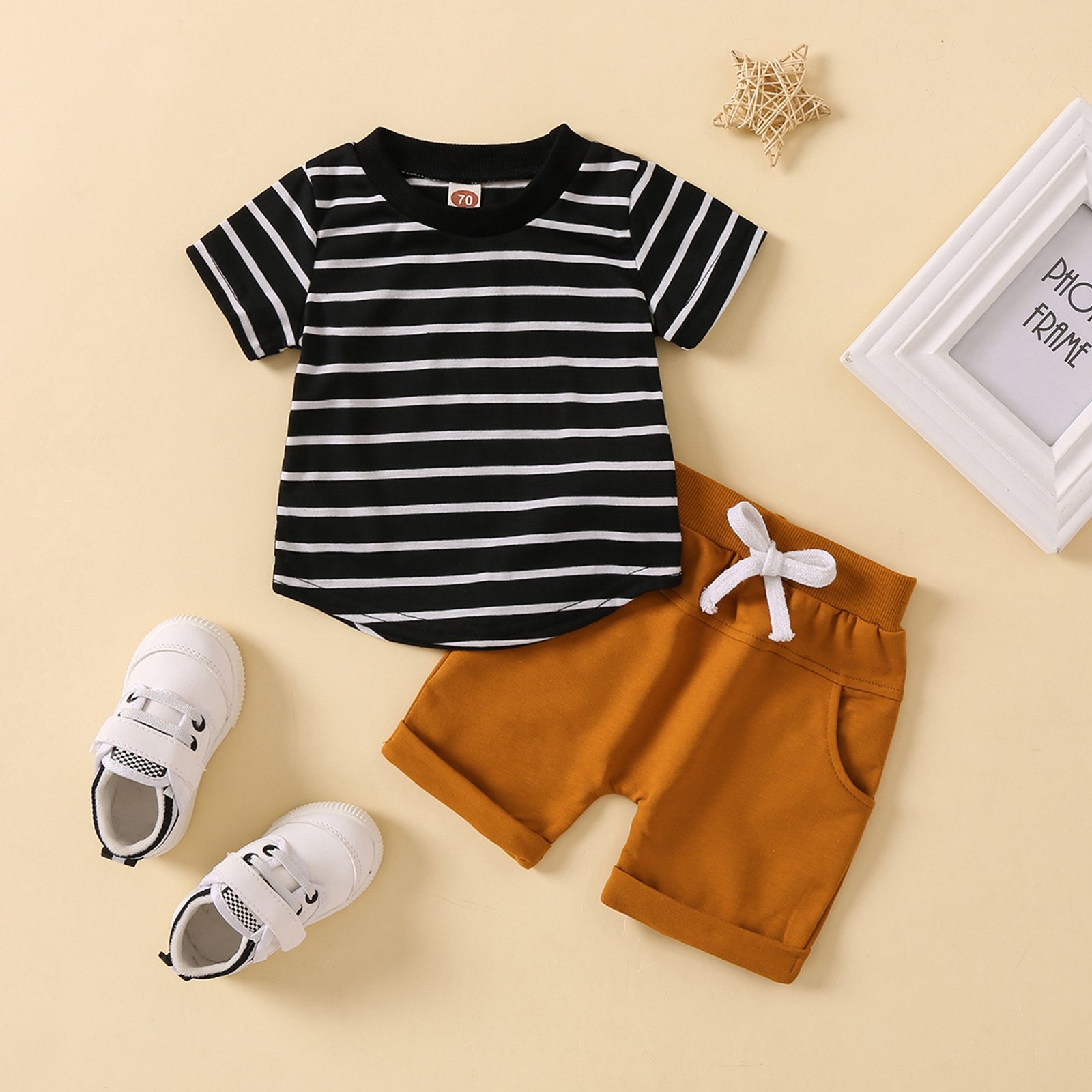 2024 Summer Boys Striped Simple Style Round Neck T-shirt Shorts Two Pieces Kids Clothing Sets