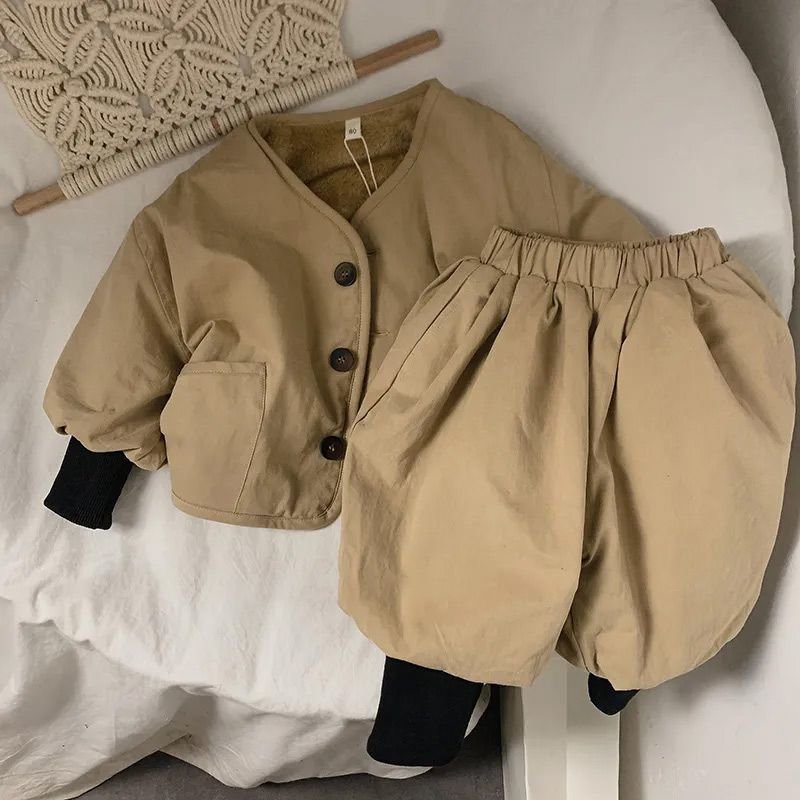 Wholesale Autumn and Winter Children Clothes Boys Handsome Coat Sets Kids Thicken Brushed Clothing Children Two-Piece Sets