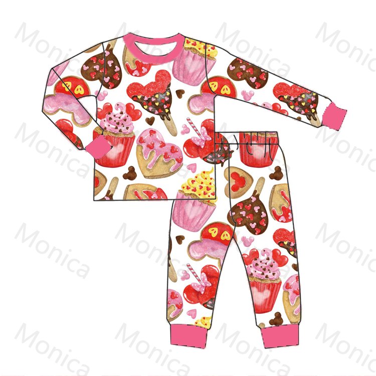 LZ2022 Wholesale Kids Valentine's Day Pyjamas Milk Silk Heart Print O-neck 2 Pieces Pjs Homewear Sets