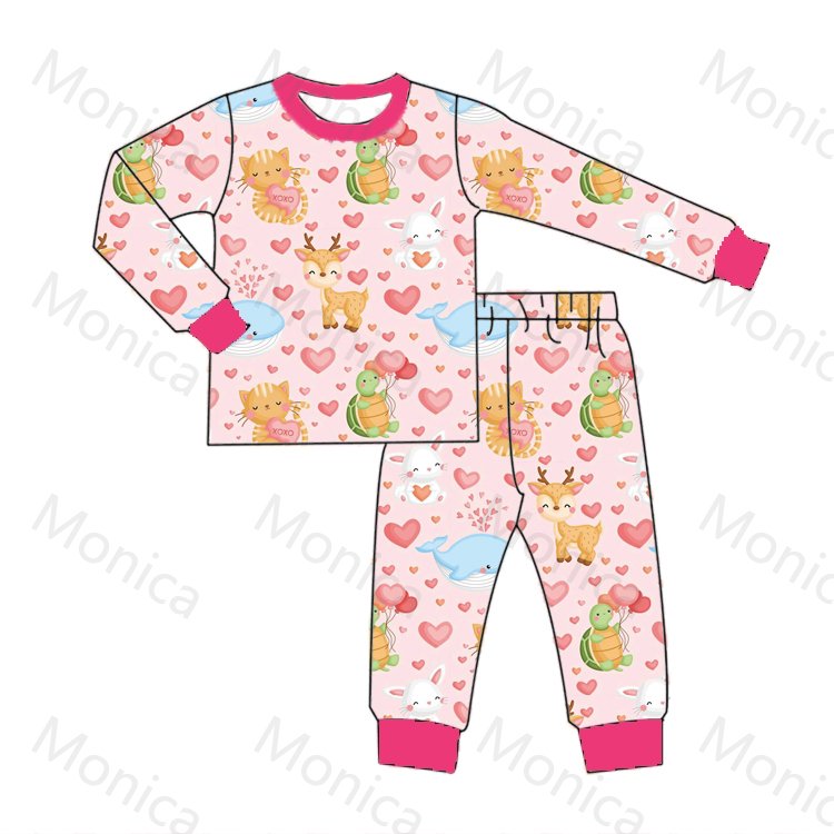 LZ2022 Wholesale Kids Valentine's Day Pyjamas Milk Silk Heart Print O-neck 2 Pieces Pjs Homewear Sets