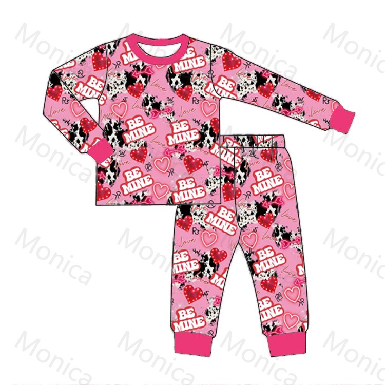 LZ2022 Wholesale Kids Valentine's Day Pyjamas Milk Silk Heart Print O-neck 2 Pieces Pjs Homewear Sets