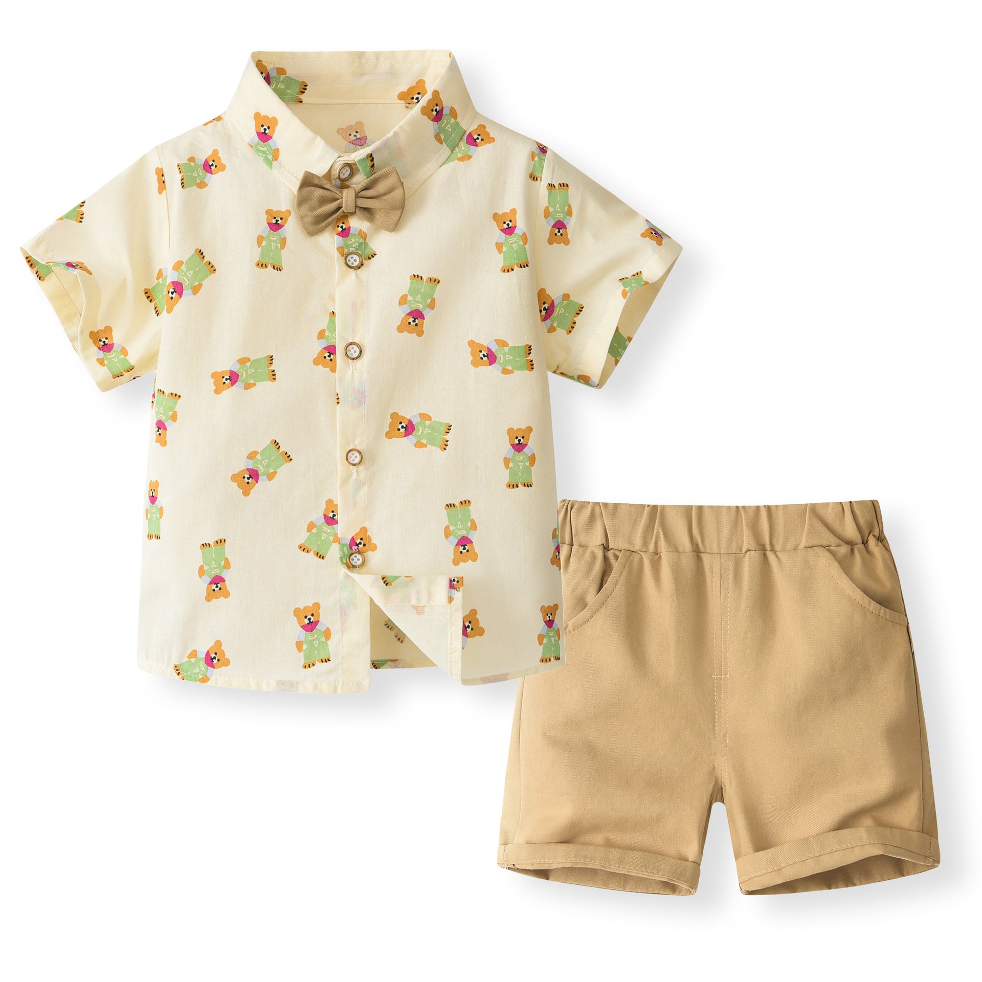 Boys' Summer Short Sleeved Shirt Set Handsome Boys Baby Summer Clothes Children's Collar Shirt Shorts Cute Bear Print Boys Set