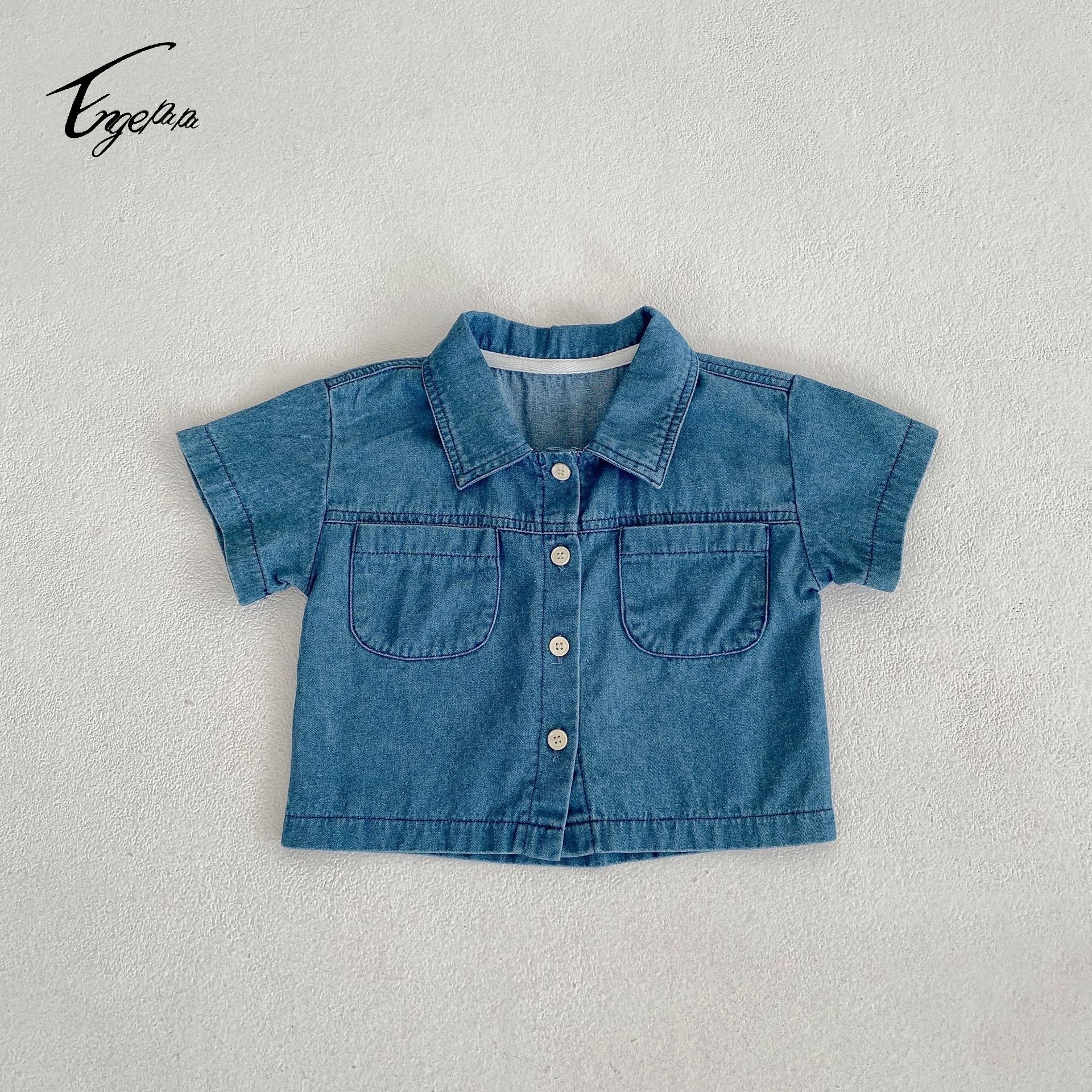 Customized logo from 1pcs Engepapa Summer children girl Cowboy shirt 2 pcs kid casual top fashion baby boy clothing sets