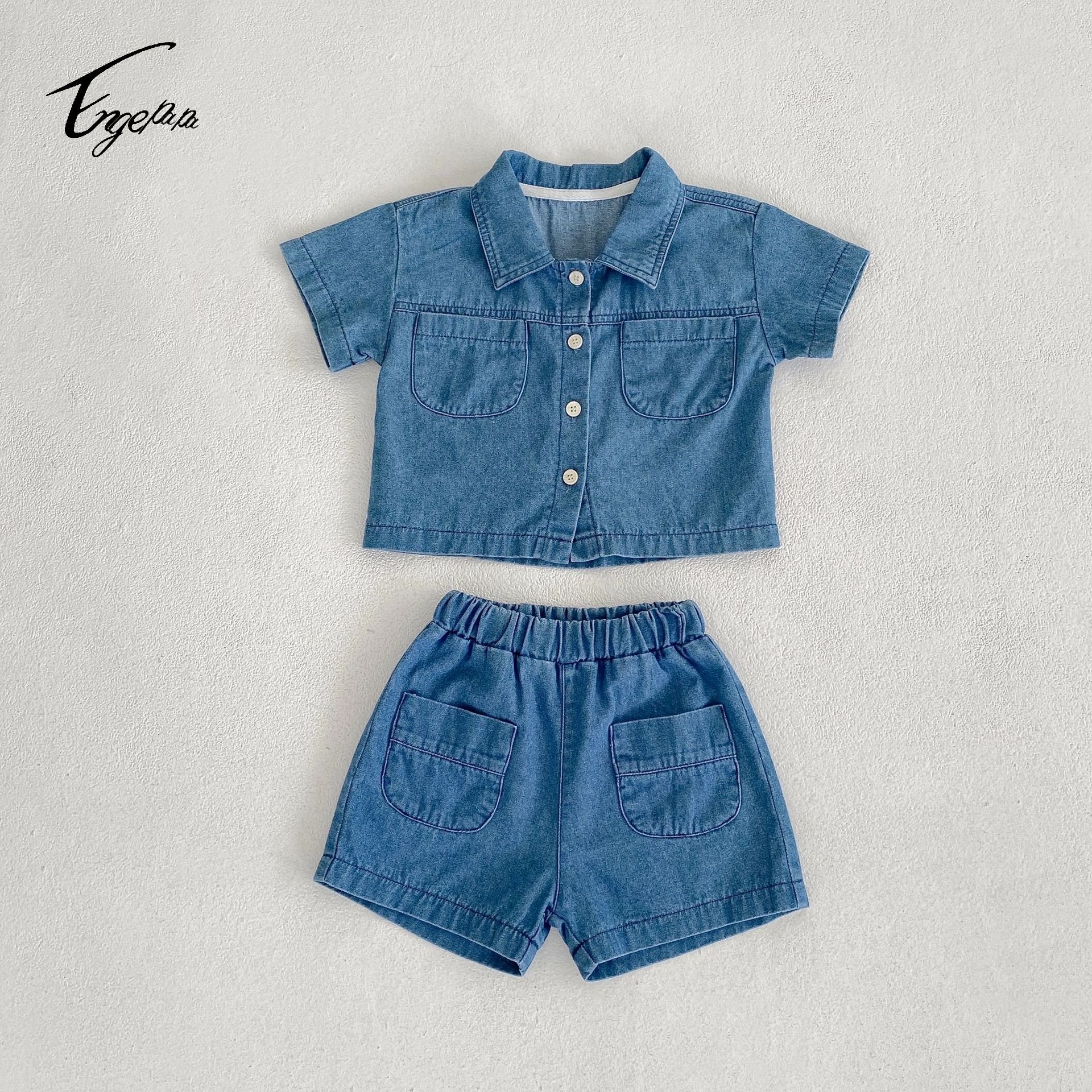 Customized logo from 1pcs Engepapa Summer children girl Cowboy shirt 2 pcs kid casual top fashion baby boy clothing sets
