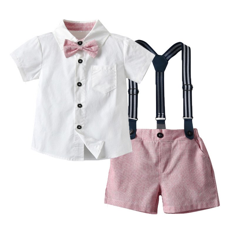 Summer boys formal shirts rompers shorts sleeved kids bow tie gentleman suit infant overalls cotton polyester clothing suit set