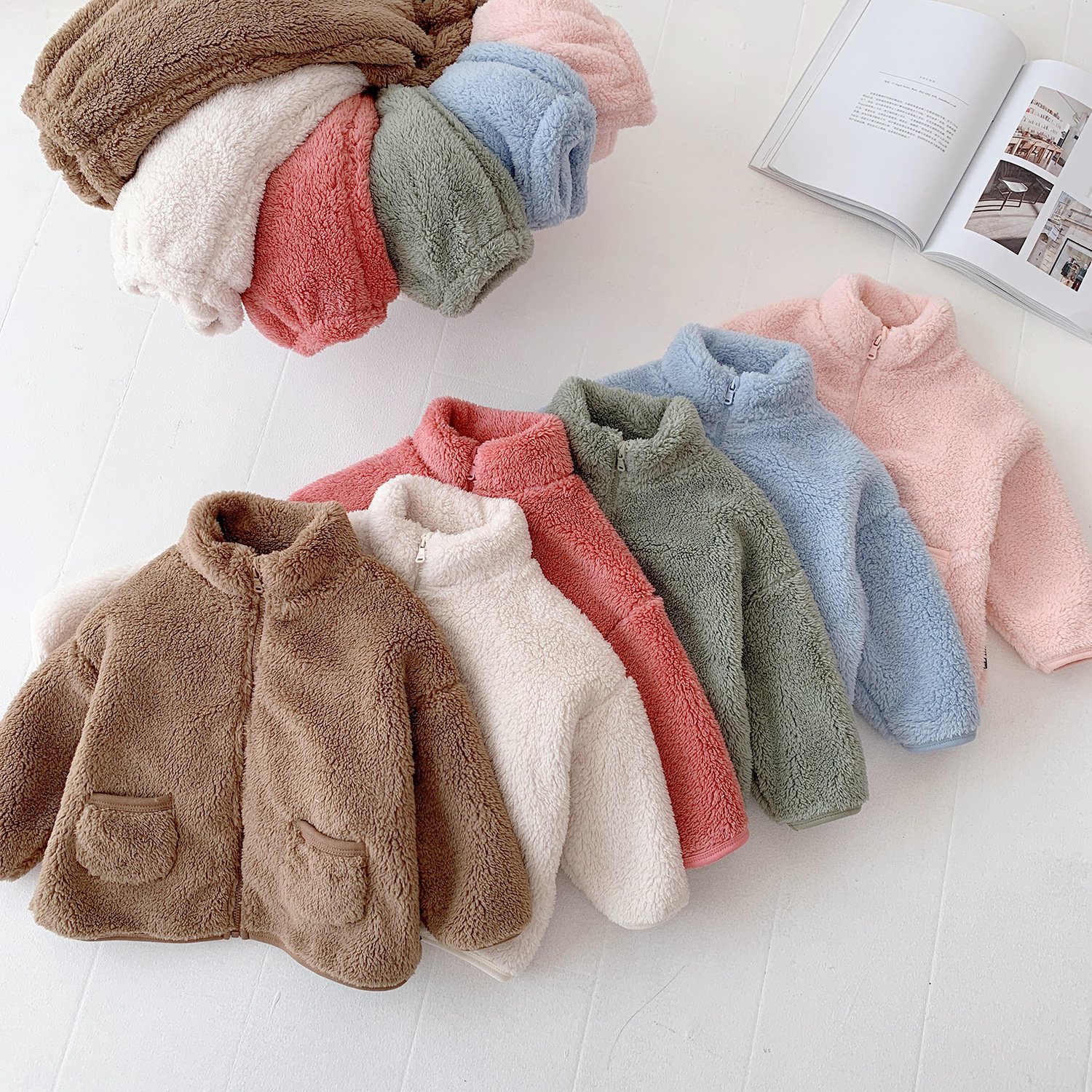 New design winter kids coral fleece clothing suit toddler baby boys and girls long-sleeve warm thick zipper jacket pants set