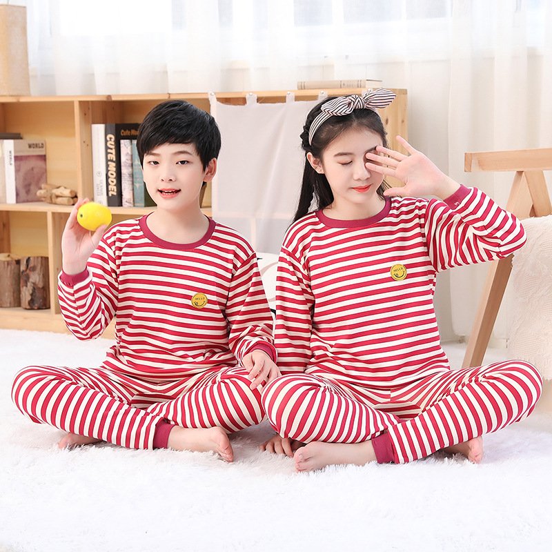 3-16 years old thermal underwear set plus velvet thickening boys autumn and winter girls pajamas striped children's wear