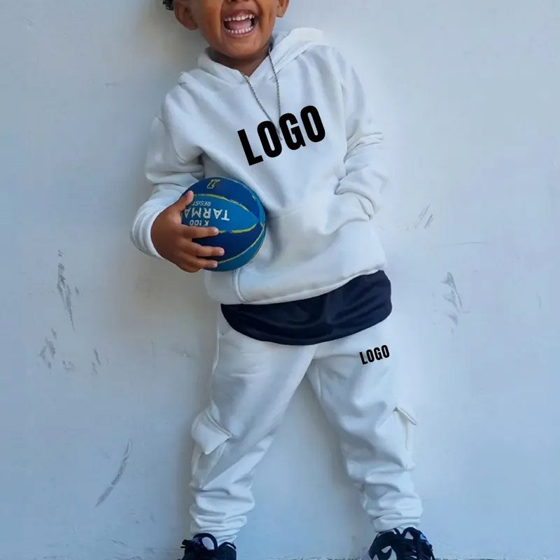 Custom Boys Clothing Set Logo Puff Print 100% Cotton Casual Kids Hoodie Jogging Suit Tracktop Stacked Sweatpants 2 Piece Baby