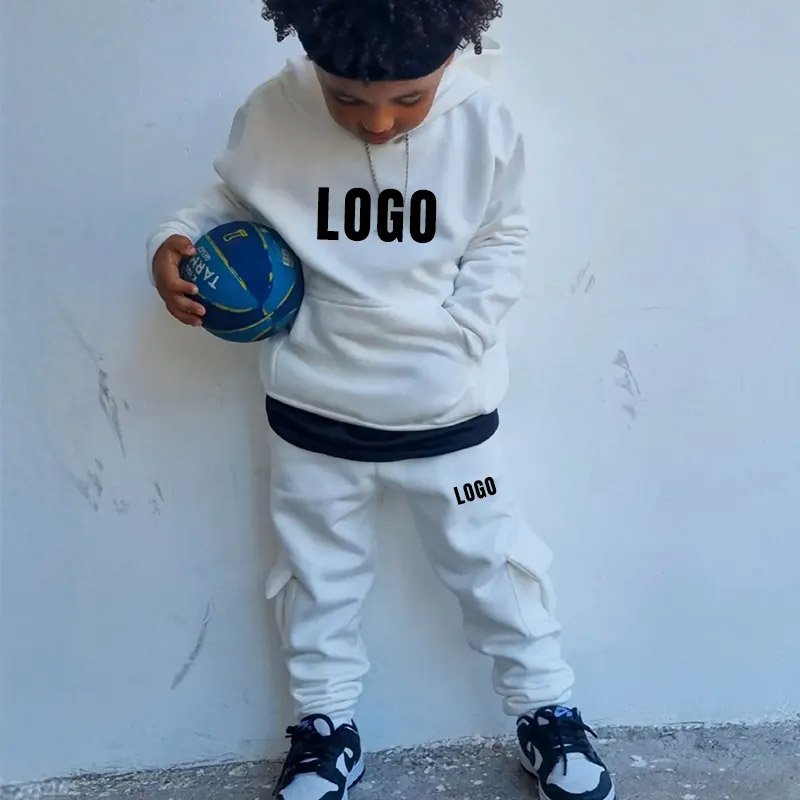 Custom Boys Clothing Set Logo Puff Print 100% Cotton Casual Kids Hoodie Jogging Suit Tracktop Stacked Sweatpants 2 Piece Baby