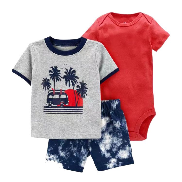 kids clothing wholesale cotton t shirt short pants knit rompers baby 3 pcs boy clothing sets
