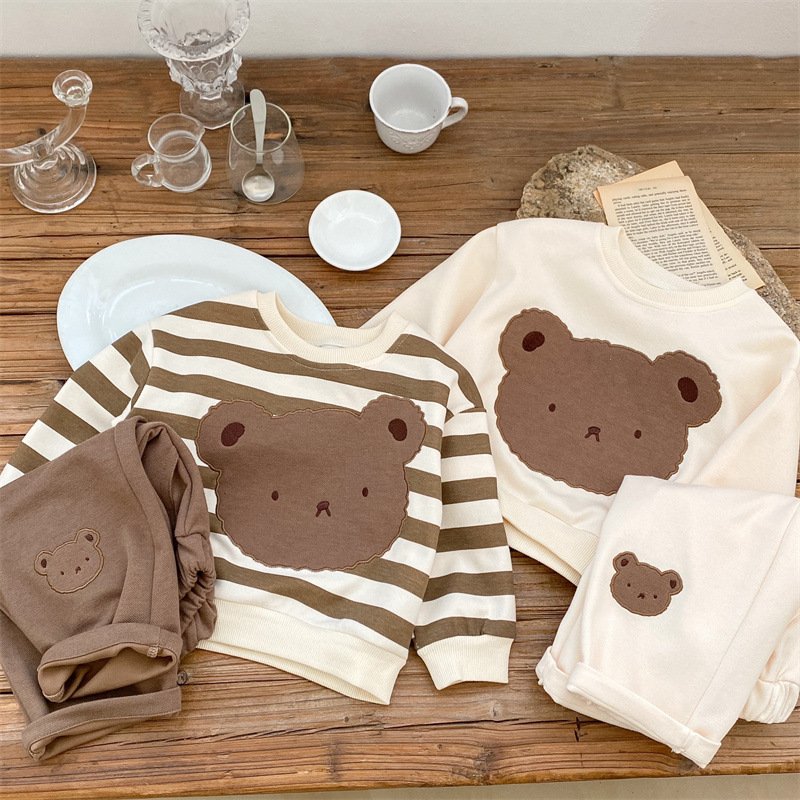 Winter warm children bear Unisex top kid Casual sweater cotton Pants baby boy clothing set