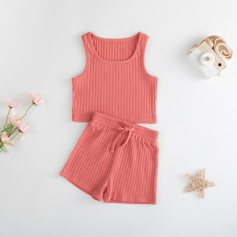 Toddler Boys Girls Summer Solid Sleeveless U-neckline pit-stripe top + shorts Unisex Infant Baby Clothes