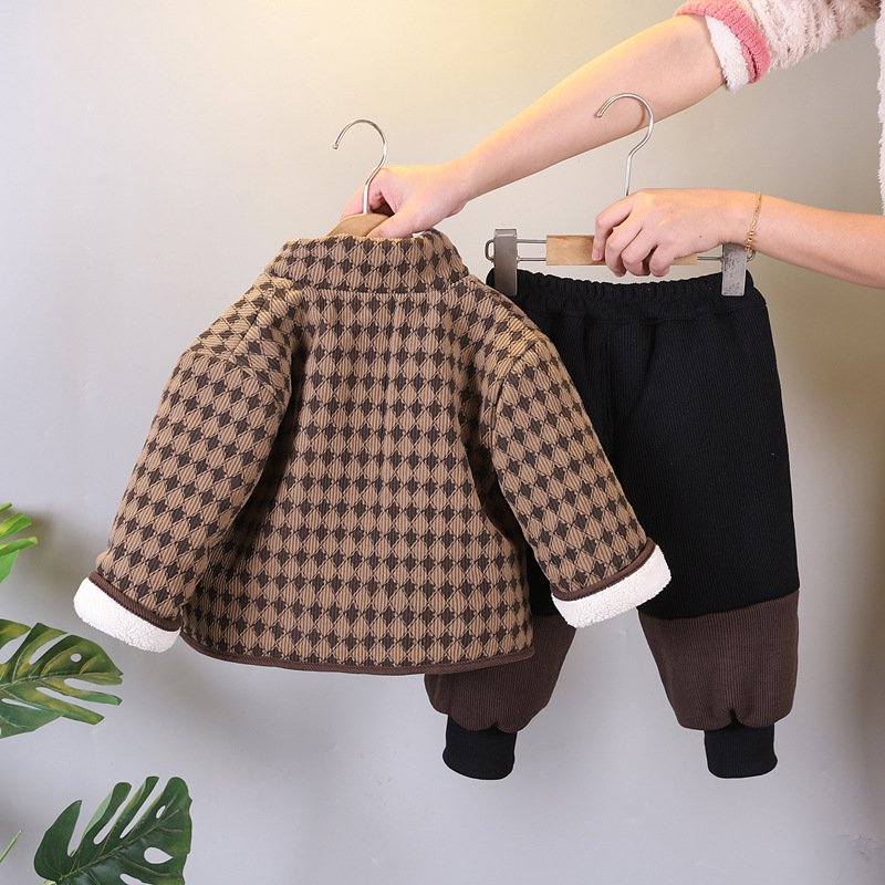 Winter New Arrival Kids 2pcs Suits Plaid Jacket+Trousers Thickening Casual Baby Boys Clothing Sets