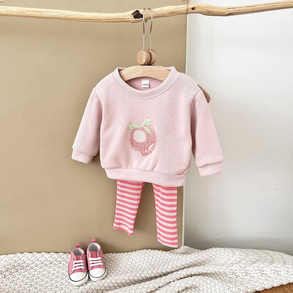 2024 New Baby Girls Clothes Wholesale Cotton Long Sleeve Suit Pullover Peach Embroider Top Pants Toddler Sets Autumn Newborn