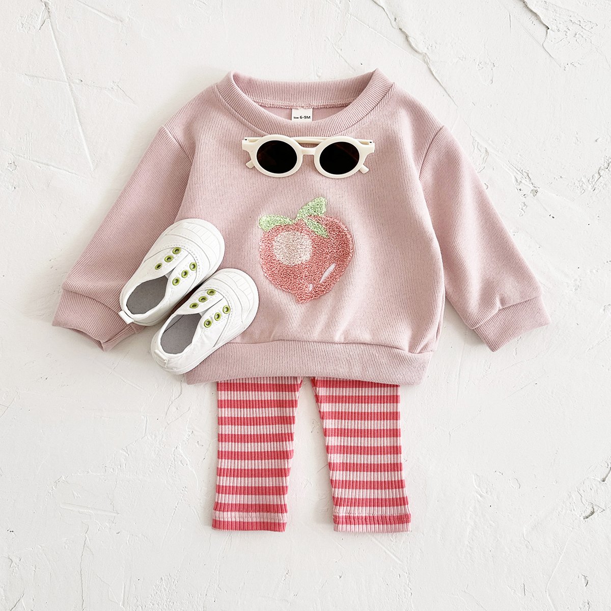2024 New Baby Girls Clothes Wholesale Cotton Long Sleeve Suit Pullover Peach Embroider Top Pants Toddler Sets Autumn Newborn