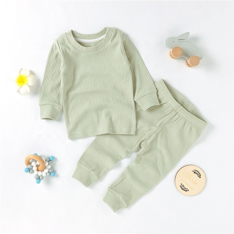 Good Elastic Ribbed Sleepsuit Plain Baby Girls Baby Boys Pajamas Set