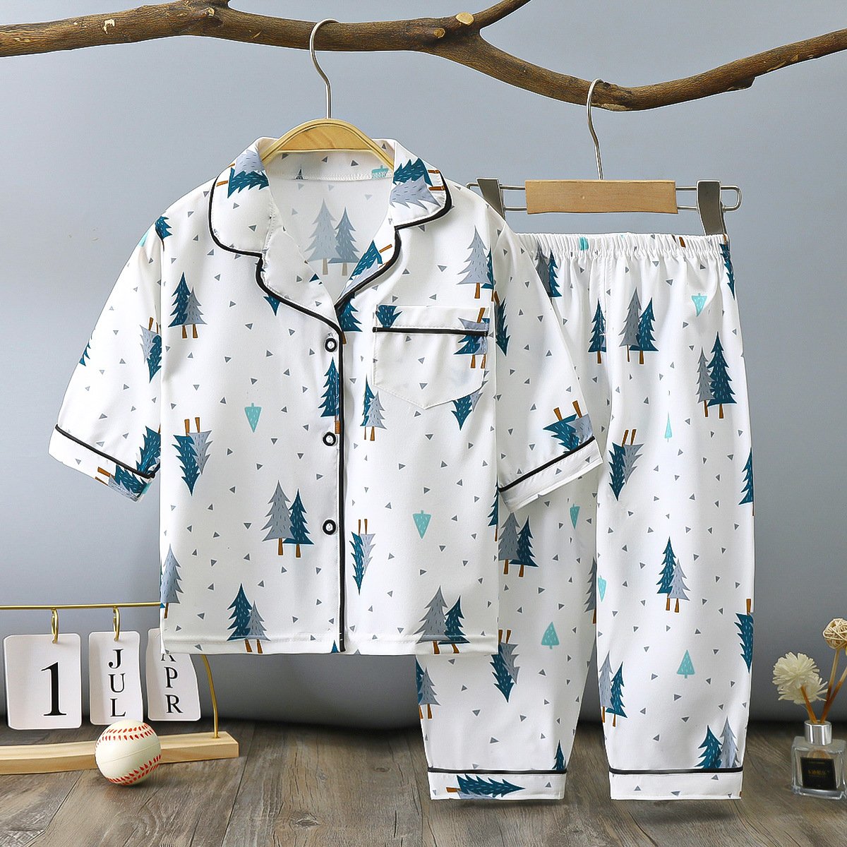 Summer children's lapel pajamas set thin section three-quarter sleeves boys and girls home clothes air-conditioning clothes