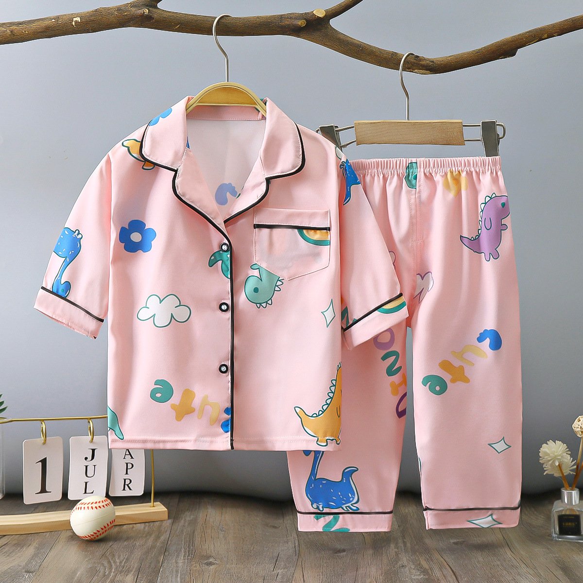Summer children's lapel pajamas set thin section three-quarter sleeves boys and girls home clothes air-conditioning clothes