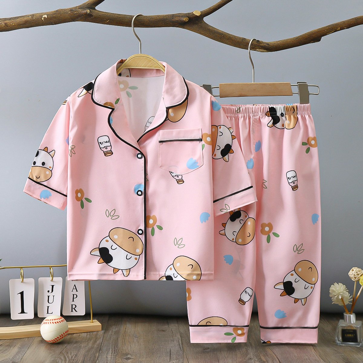 Summer children's lapel pajamas set thin section three-quarter sleeves boys and girls home clothes air-conditioning clothes