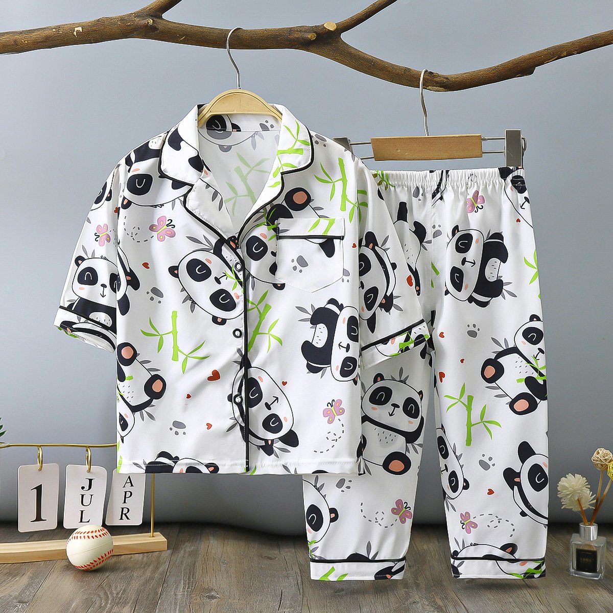 Summer children's lapel pajamas set thin section three-quarter sleeves boys and girls home clothes air-conditioning clothes