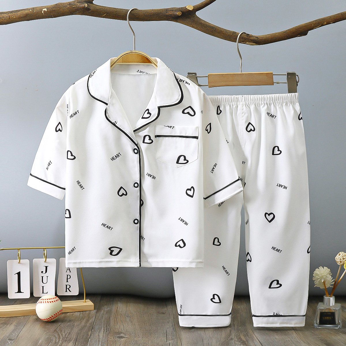 Summer children's lapel pajamas set thin section three-quarter sleeves boys and girls home clothes air-conditioning clothes
