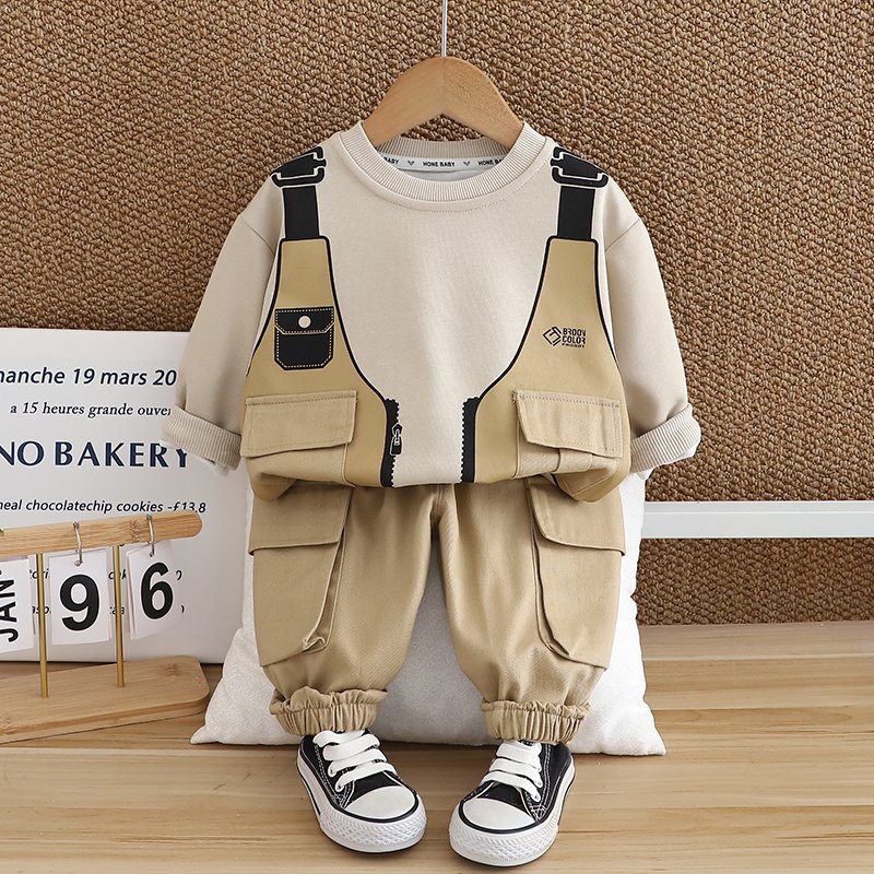 2024 Autumn/Winter Boys Clothing Set Soft Shell Cartoon Style Long Sleeve Top Warm Two-Piece Hoodie Large Pocket Design Cotton