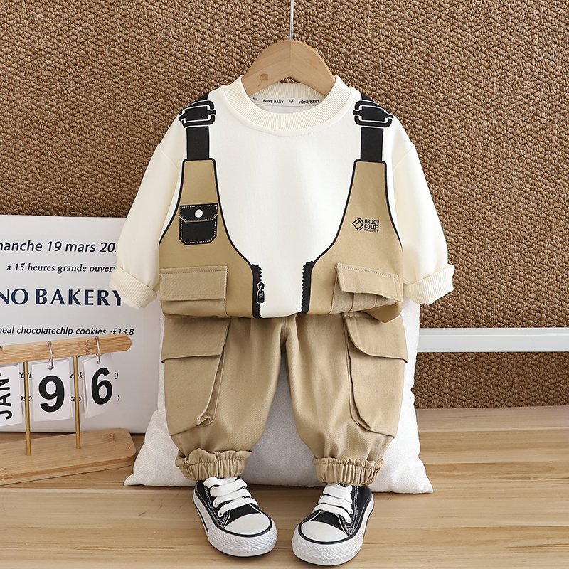 2024 Autumn/Winter Boys Clothing Set Soft Shell Cartoon Style Long Sleeve Top Warm Two-Piece Hoodie Large Pocket Design Cotton